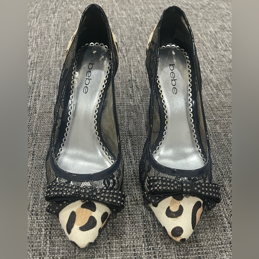 BEBE , leopard fur, lace, & patent studded bow on toes pumps!😊 - Picture 1 of 6